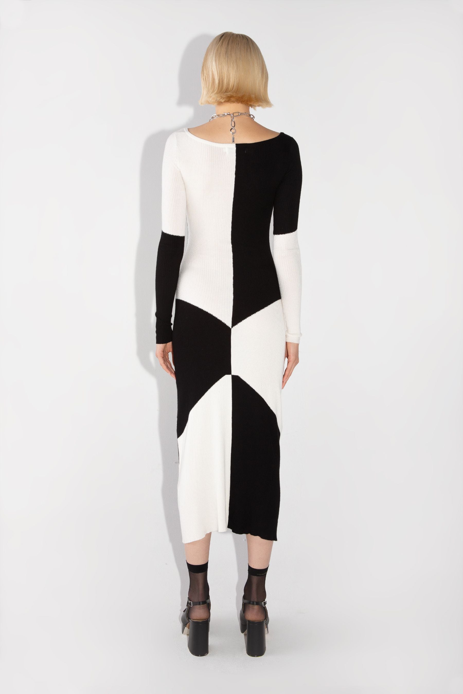 SQUARE NECK LONG DRESS L Black White Combo