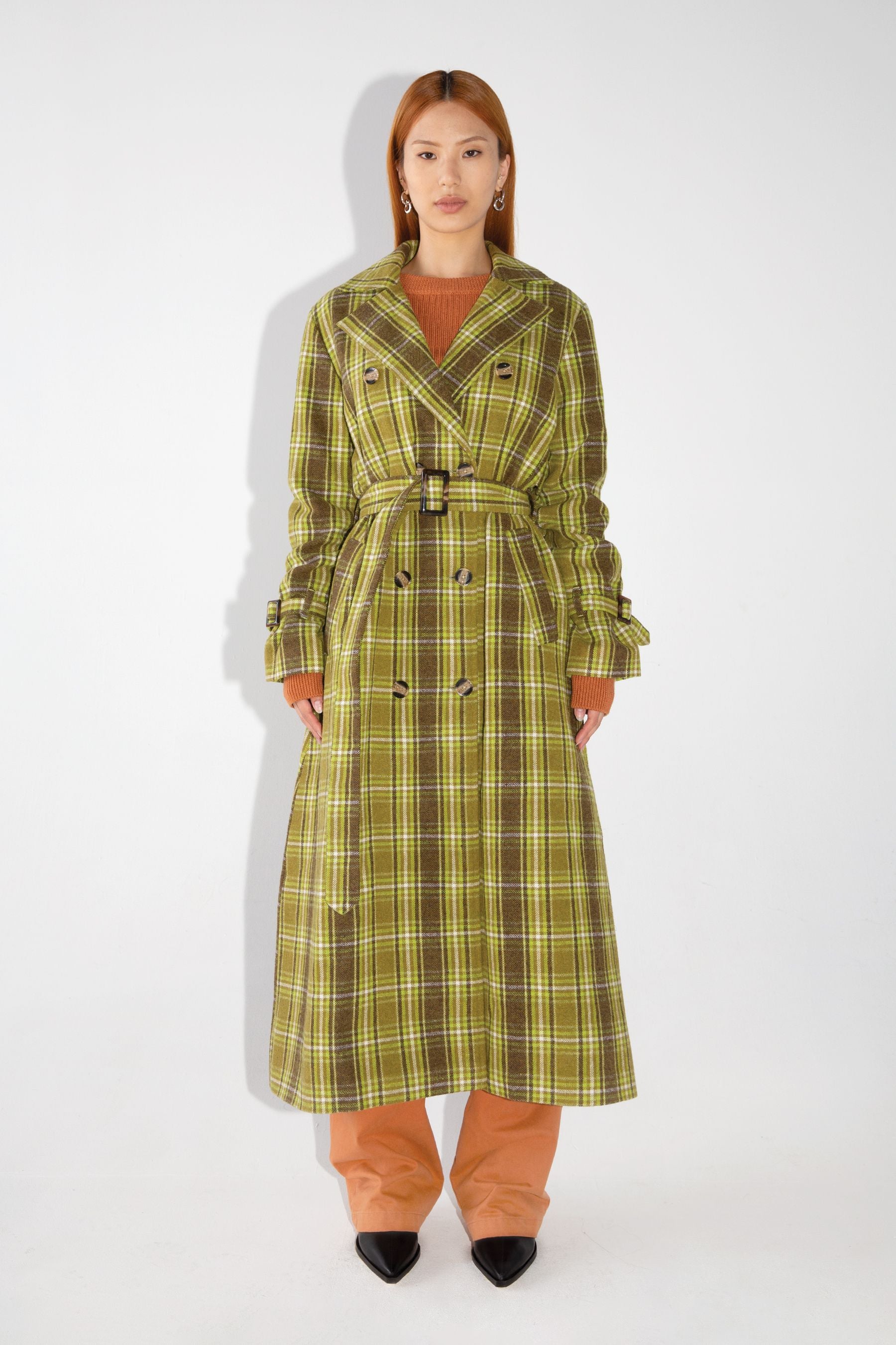 Green plaid shop trench coat